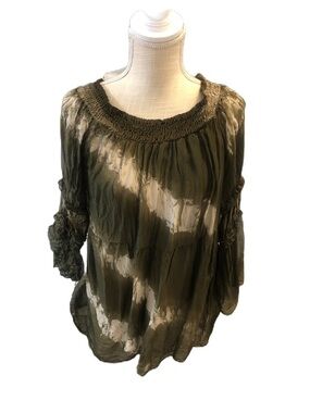 Elle Olive and White Tie-Dye Peasant Tunic